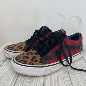 Vans Old Skool Low Top Womens 7.5 Sneakers Red Buffalo Plaid Leopard Print Shoes